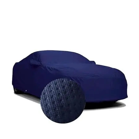 All-weather car cover in deep blue with elastic edge and rounded front bumper fit