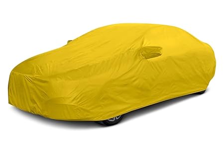 All-weather car cover, bright yellow, fitted over wheels and body