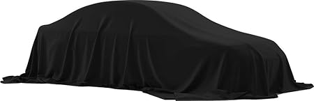 Black vehicle cover with draped, fitted fabric and gathered front edge.