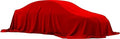 Red vehicle cover with draped, fitted fabric and gathered front edge.