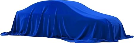 Blue vehicle cover with draped, fitted fabric and gathered front edge.