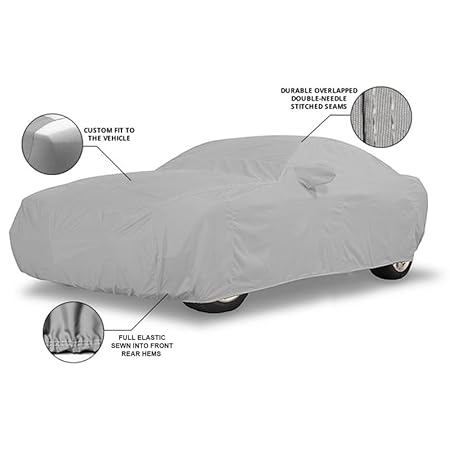 Light gray all-weather car cover with snug elastic hem and double-stitched seams