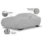 Light gray all-weather car cover with snug elastic hem and double-stitched seams