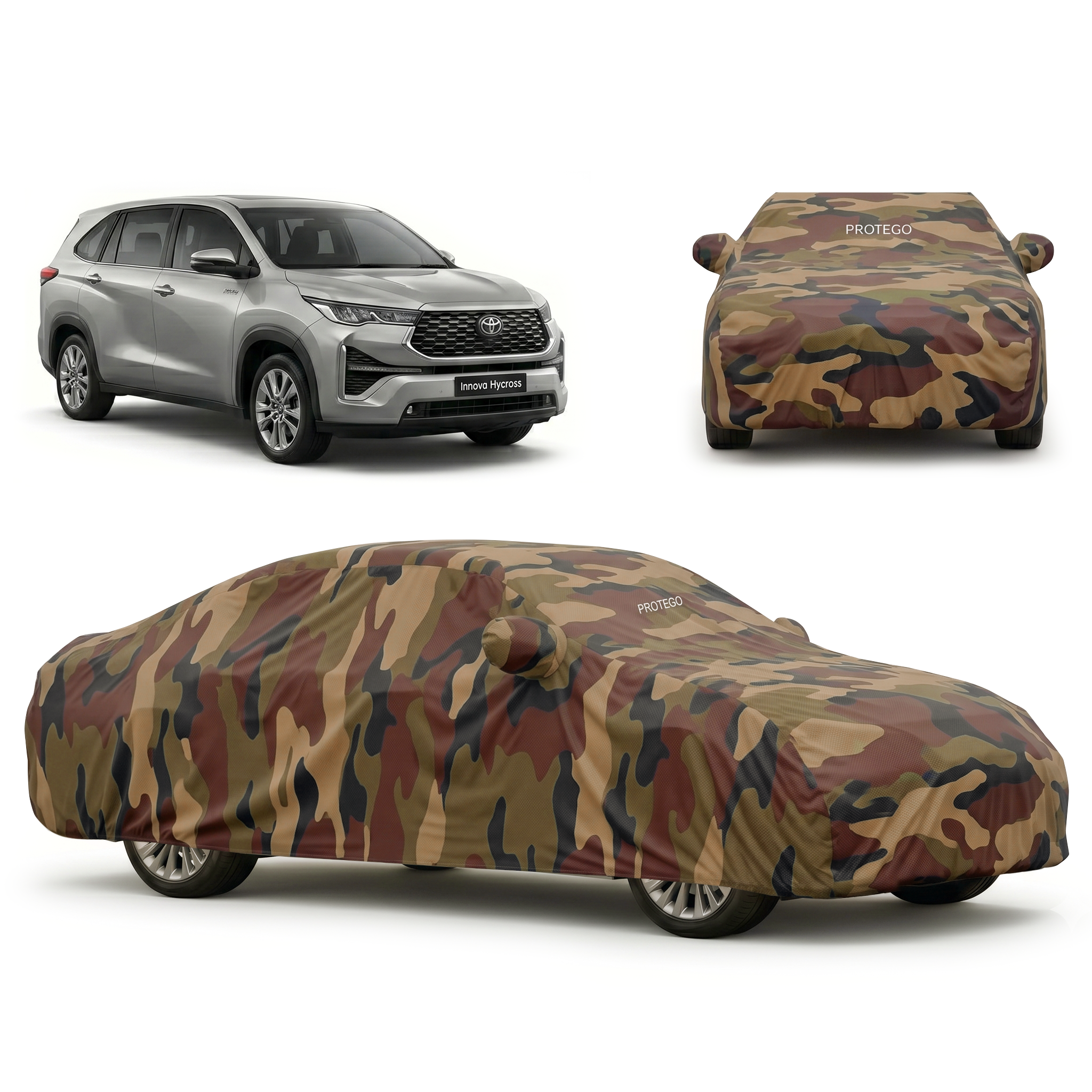PROTEGO all-weather car cover, camouflage pattern, front profile, elastic fit