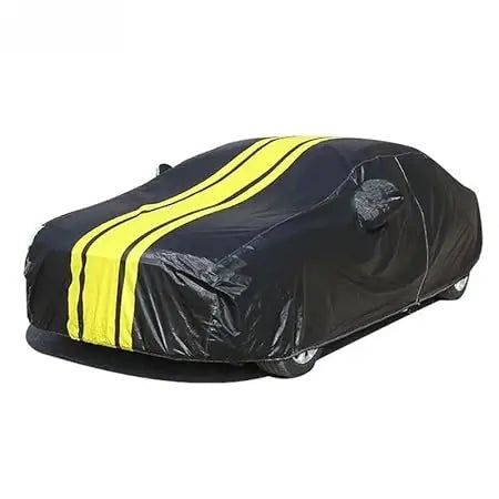All-weather car cover, black with yellow side stripe, hood and roof coverage view