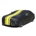 All-weather car cover, black with yellow side stripe, hood and roof coverage view