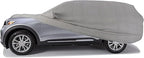 Gray all-weather car cover draped over car body and wheels