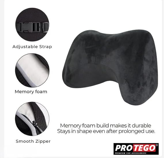 Car neck rest pillow, dark memory foam with adjustable strap and zipper seam