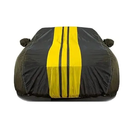 All-weather car cover, black with bright yellow center stripe, front view with tie points