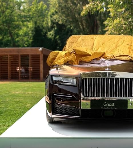 All-weather car cover, gold yellow fabric draped over car front, mirror area visible