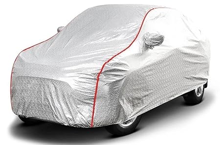 All weather car cover, silver with red seam, for full vehicle coverage