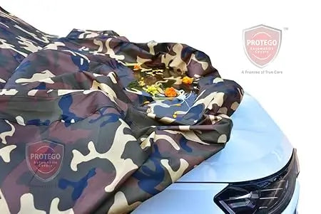 Camouflage car cover close-up on hood with lapped fabric seam