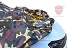 Camouflage car cover close-up on hood with lapped fabric seam