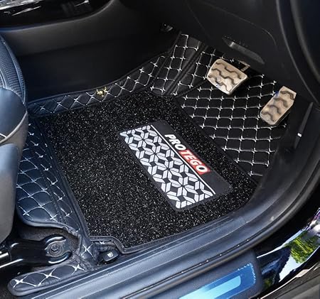 Rear car floor mat with diamond stitching, black carpet, and PROTEGO logo patch