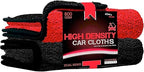 Double-sided microfiber cleaning cloth set, red/orange and dark gray/black, thick pile.