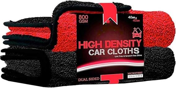 Double-sided microfiber cleaning cloth set, red/orange and dark gray/black, thick pile.