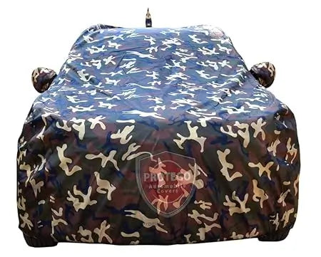 Camouflage car cover in dark brown and blue with PROTEGO shield logo