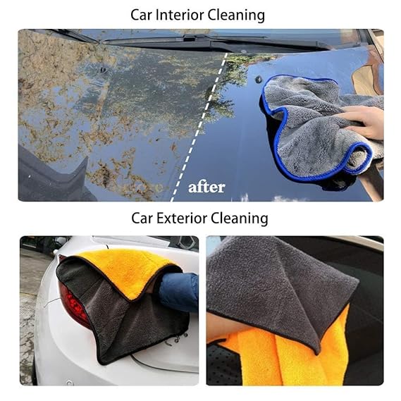 Double-sided microfiber car cleaning cloth with blue trim, used on a glass surface.