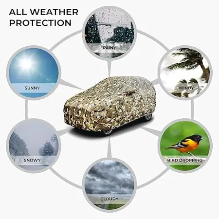 Camouflage car cover with weather protection icons for sunny, rainy, snowy, and windy