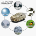 Camouflage car cover with weather protection icons for sunny, rainy, snowy, and windy