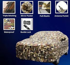 Camouflage car cover with mirror pocket, full elastic edge, and antenna pocket