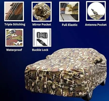Camouflage car cover with mirror pocket, full elastic edge, and antenna pocket