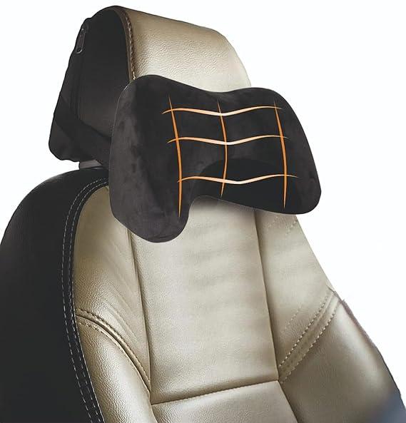 Car neck rest pillow, dark fabric cover with adjustable straps attached