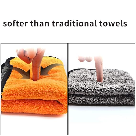 Thick microfiber cleaning cloth, orange and gray double-sided, soft textured pile.