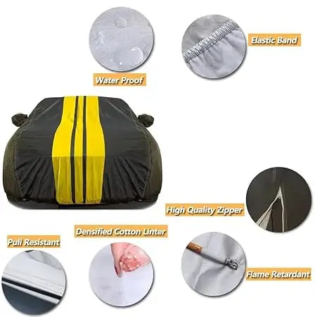 All-weather car cover with yellow center stripe; waterproof outer and elastic band icons