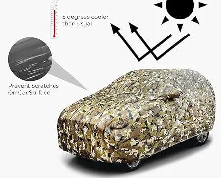 Camouflage all-weather car cover with scratch-prevention and cooling arrows