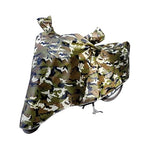 Camouflage two-wheeler cover with hood and draped body, front mirror pockets