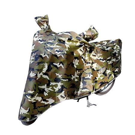 Camouflage two-wheeler cover with hood and draped body, front mirror pockets