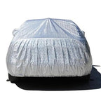 All weather car cover, silver with gathered front, elastic fit over vehicle