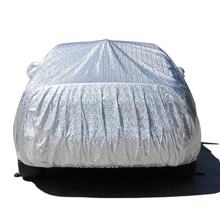 All weather car cover, silver with gathered front, elastic fit over vehicle