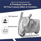Silver two-wheeler cover with hood and front tie cords, waterproof design