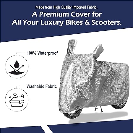 Silver two-wheeler cover with hood and front tie cords, waterproof design