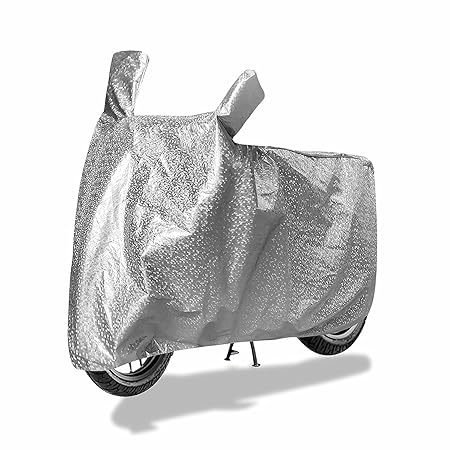Silver two-wheeler cover with hood and front mirror pocket, draped over scooter