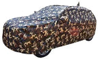 Camouflage car cover side profile in dark brown, blue, and tan
