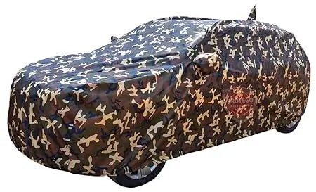 Camouflage-pattern car cover with fitted hood and side mirror openings.