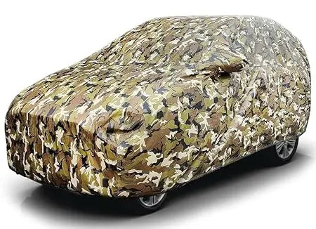 Camouflage all-weather car cover fitted over a vehicle body