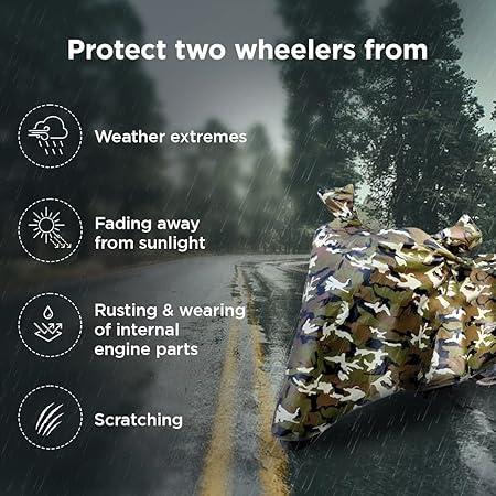 Camouflage two-wheeler cover over scooter with hooded top and draped sides