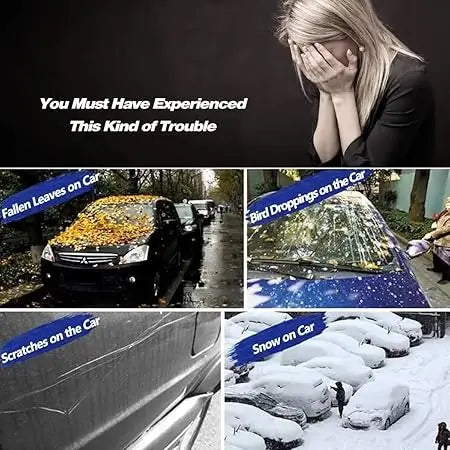 Protective car cover concept collage showing leaves, scratches, and snow on car surfaces