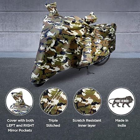 Camouflage two-wheeler cover with mirror pockets, triple-stitched seams and snug fit