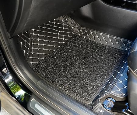 Rear car floor mat with diamond-stitched edging and black carpet insert