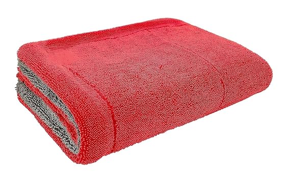 Microfiber cleaning towel, red face with gray back, soft plush texture.