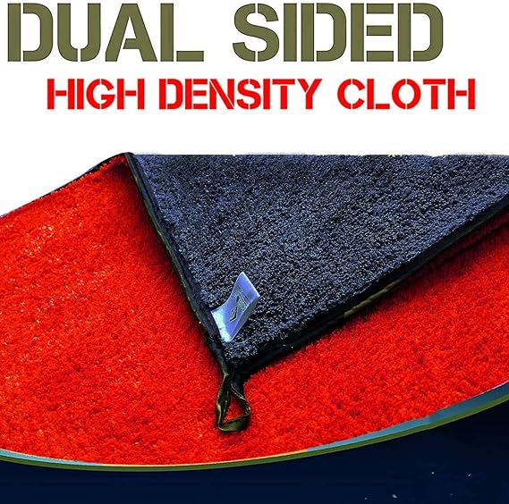 Corner view of double-sided microfiber cloth, red and dark gray with black binding.