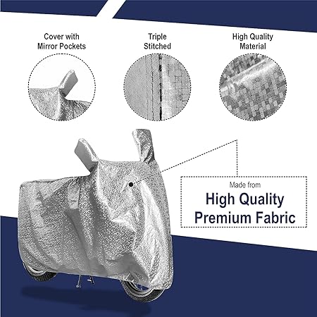 Silver scooter cover with mirror pockets and triple-stitched construction