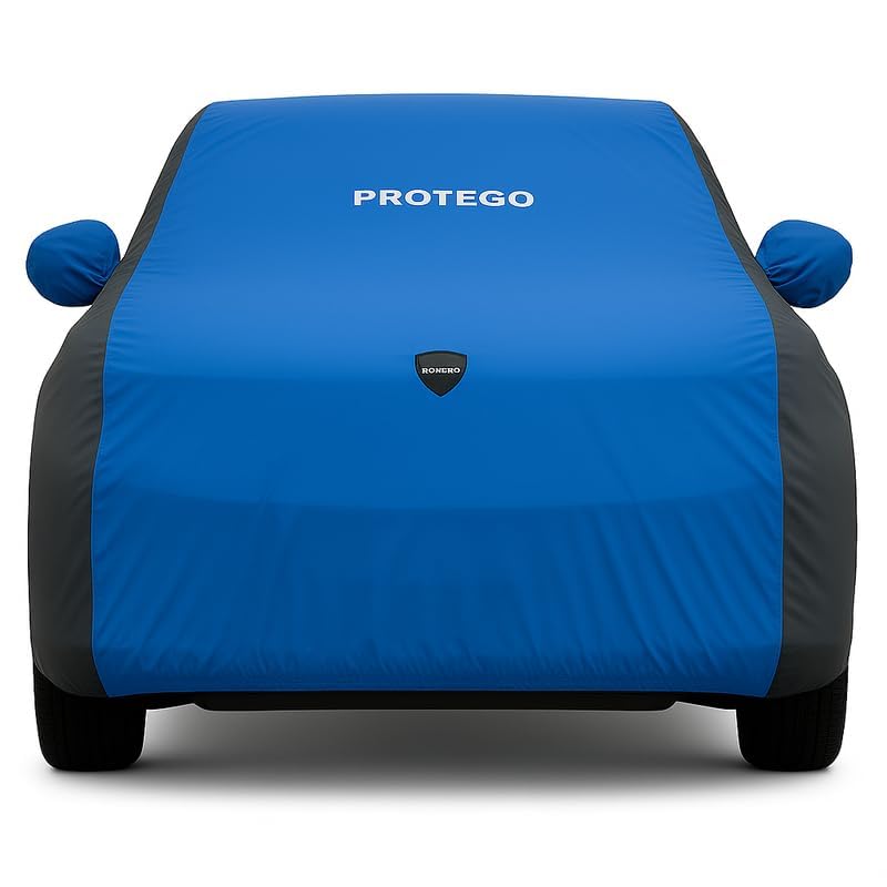 Blue and black car cover with front logo and wheel cutouts