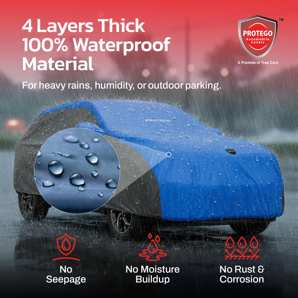 Blue and gray car cover with water droplets on waterproof surface