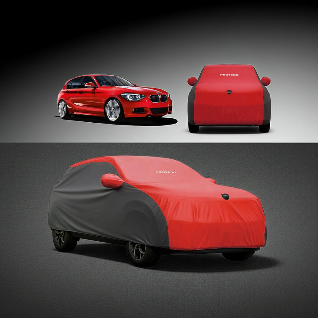 All-weather car cover over car, red top with dark gray hood and side panels